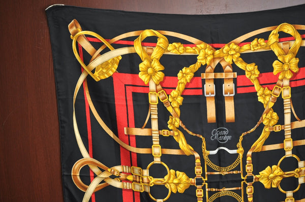 Authentic HERMES Carre 90 Scarf "Grand Manege" Silk Black J7542