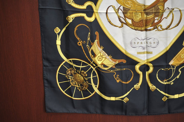 Authentic HERMES Carre 90 Scarf "SPRINGS" Silk Black Gold White J8654