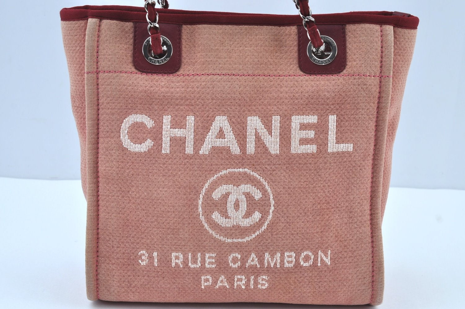 Authentic CHANEL Deauville Line CC Logo Shoulder Tote Bag Canvas Red J9039