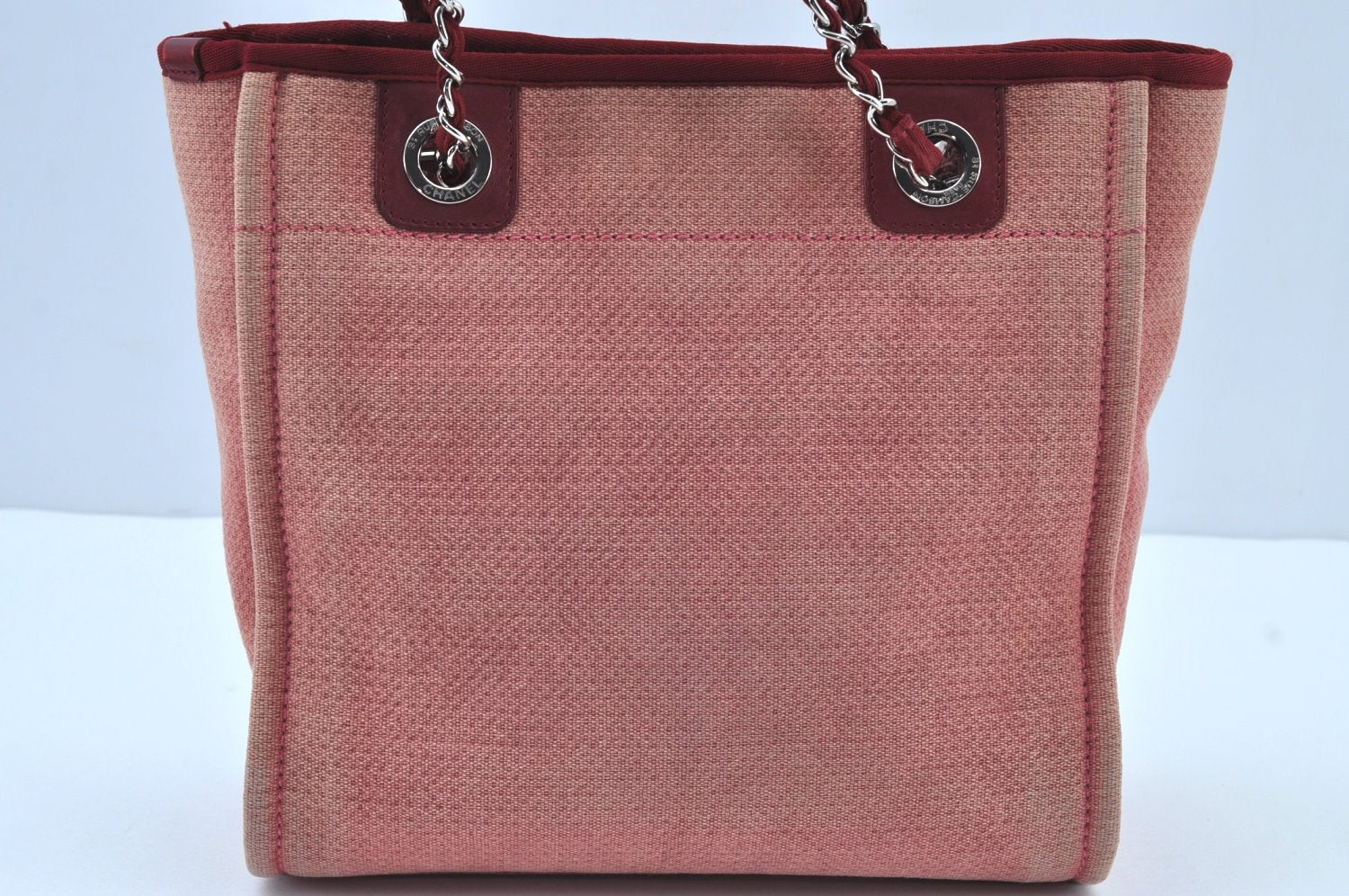 Authentic CHANEL Deauville Line CC Logo Shoulder Tote Bag Canvas Red J9039