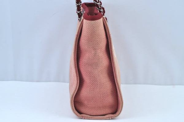 Authentic CHANEL Deauville Line CC Logo Shoulder Tote Bag Canvas Red J9039