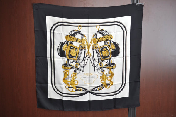 Authentic HERMES Carre 91 Scarf "BRIDES de GALA par" Silk Black K0329