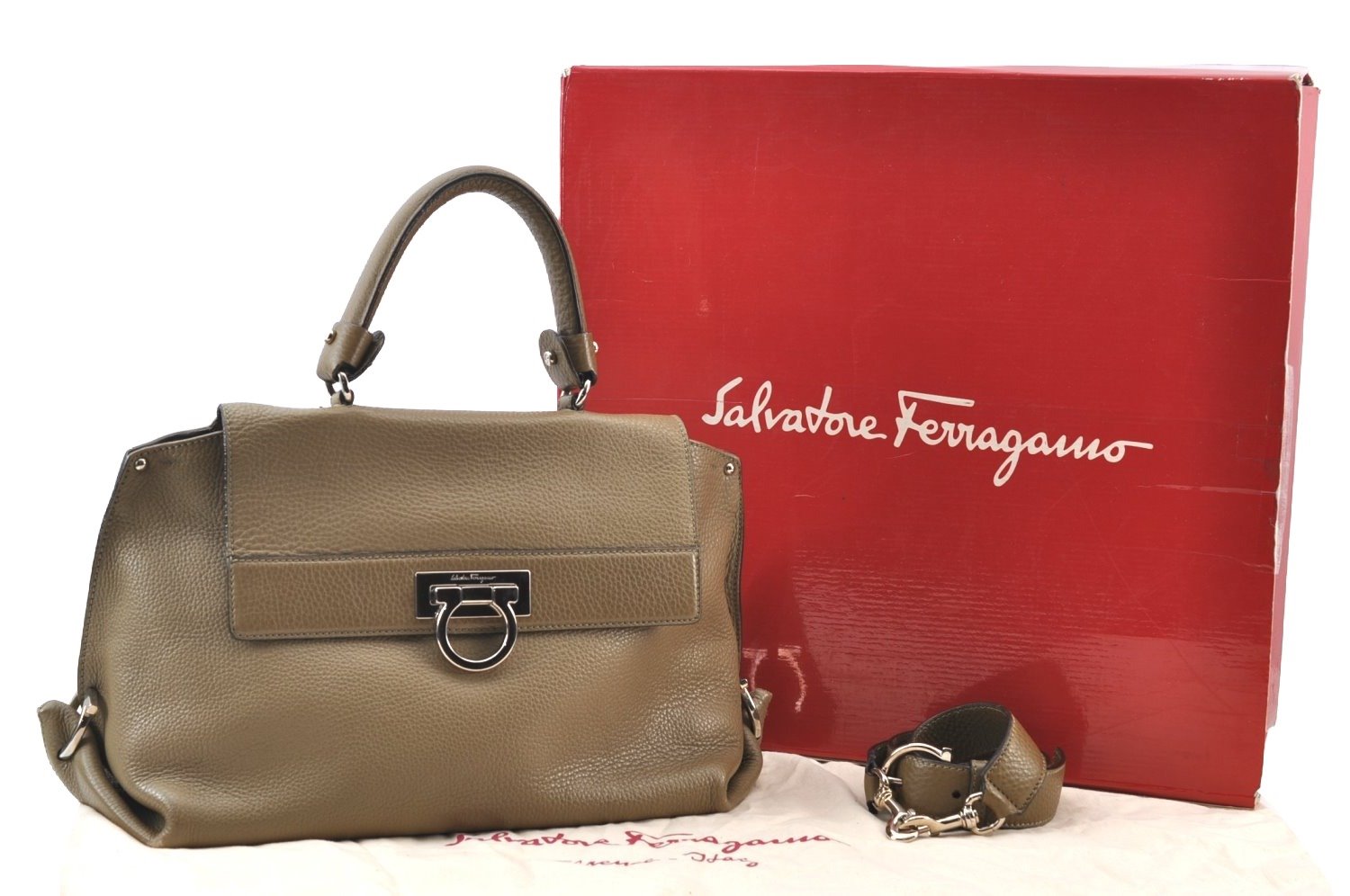 Authentic Salvatore Ferragamo Gancini Leather 2Way Hand Bag Beige Box SF K1812