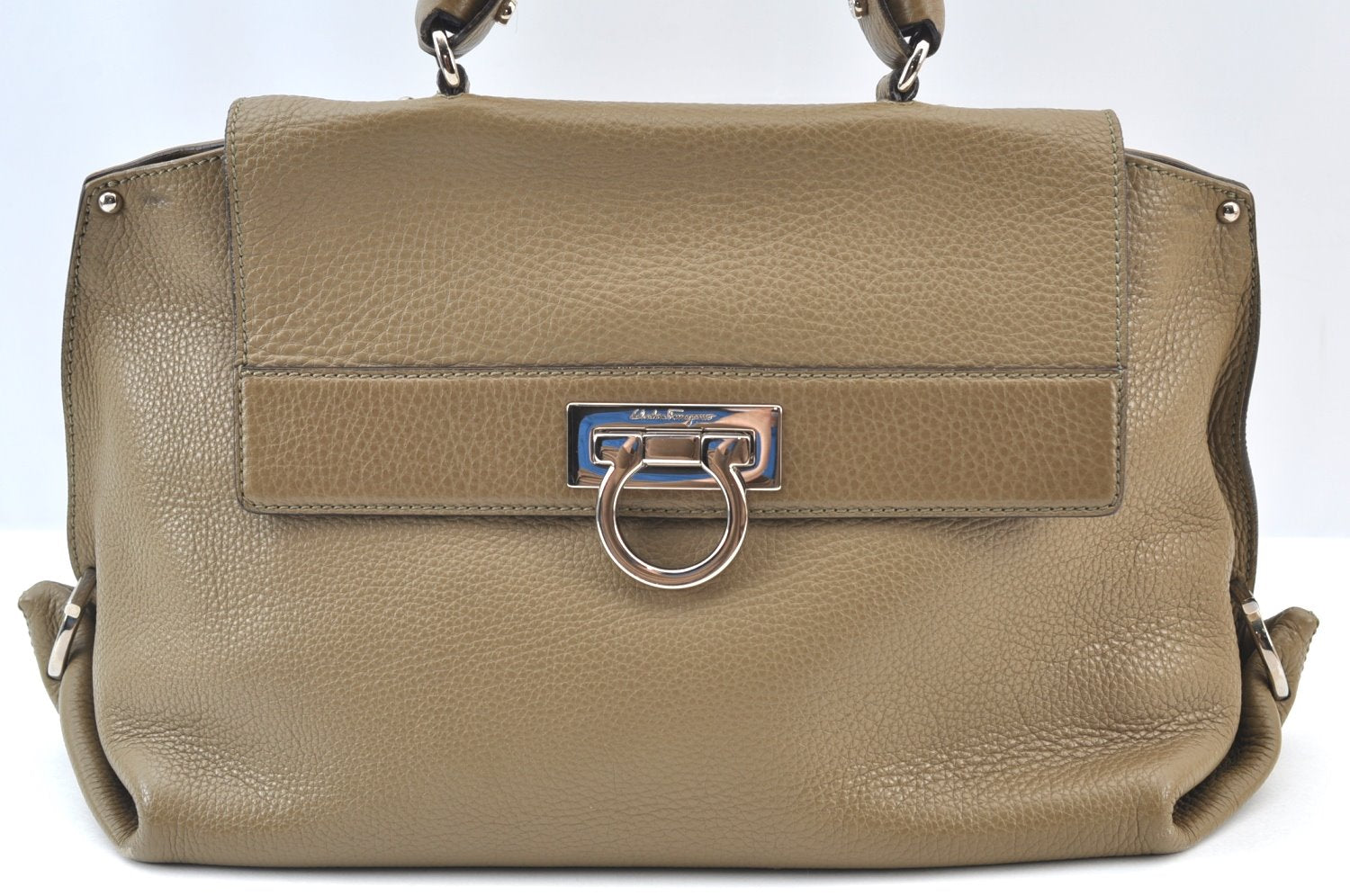 Authentic Salvatore Ferragamo Gancini Leather 2Way Hand Bag Beige Box SF K1812