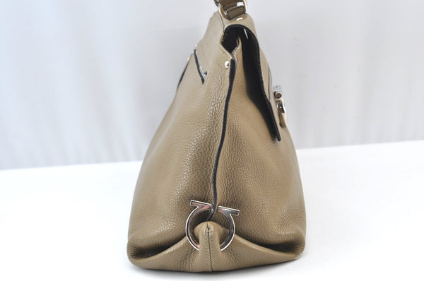 Authentic Salvatore Ferragamo Gancini Leather 2Way Hand Bag Beige Box SF K1812