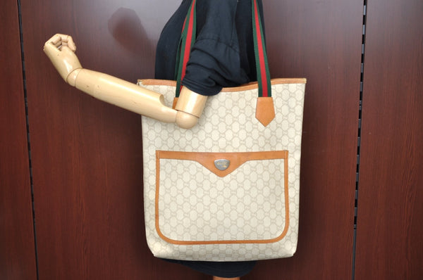 Authentic GUCCI Web Sherry Line GG Plus Tote Bag PVC Leather Beige K1835