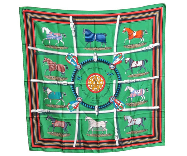 Authentic HERMES Carre 90 Scarf "Couvertures et tenues de Jour" Silk Green K2677