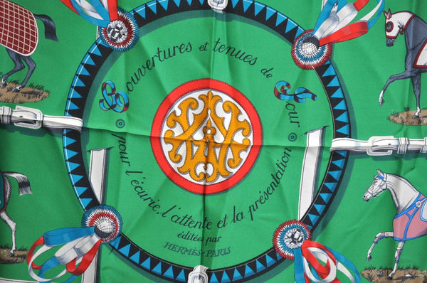 Authentic HERMES Carre 90 Scarf "Couvertures et tenues de Jour" Silk Green K2677