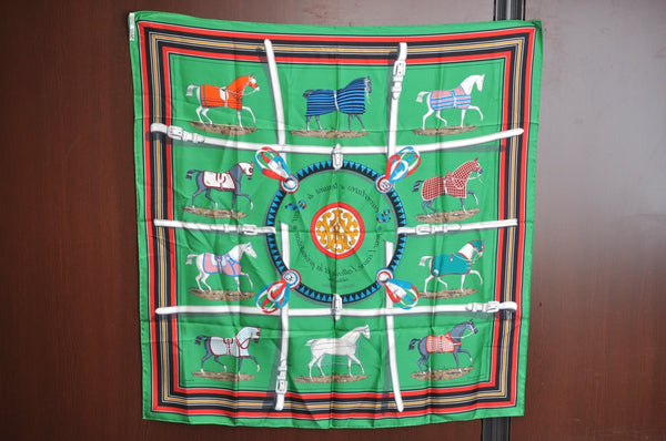 Authentic HERMES Carre 90 Scarf "Couvertures et tenues de Jour" Silk Green K2677