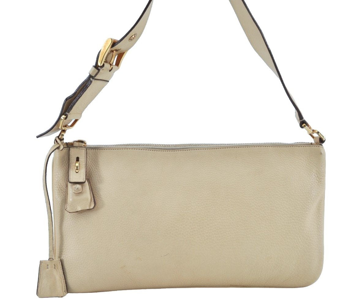 Authentic PRADA Vintage Leather Nappa Shoulder Hand Bag Purse Beige K2711