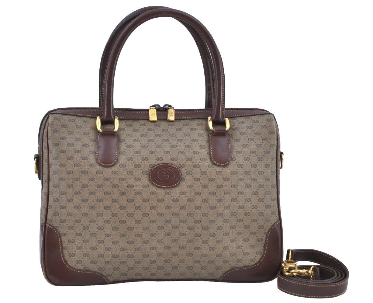 Authentic GUCCI Micro GG 2Way Shoulder Hand Boston Bag PVC Leather Brown K3545