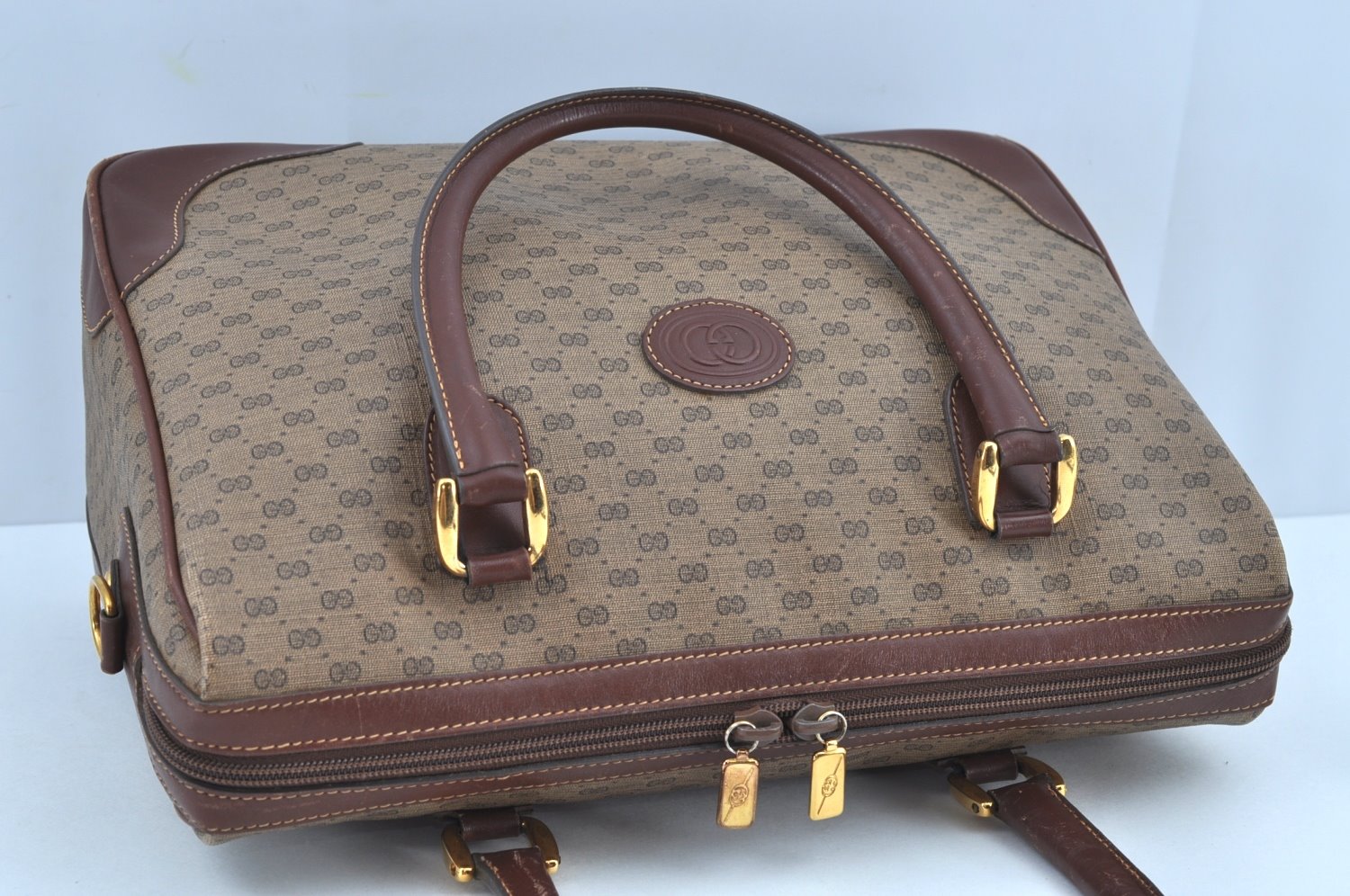 Authentic GUCCI Micro GG 2Way Shoulder Hand Boston Bag PVC Leather Brown K3545