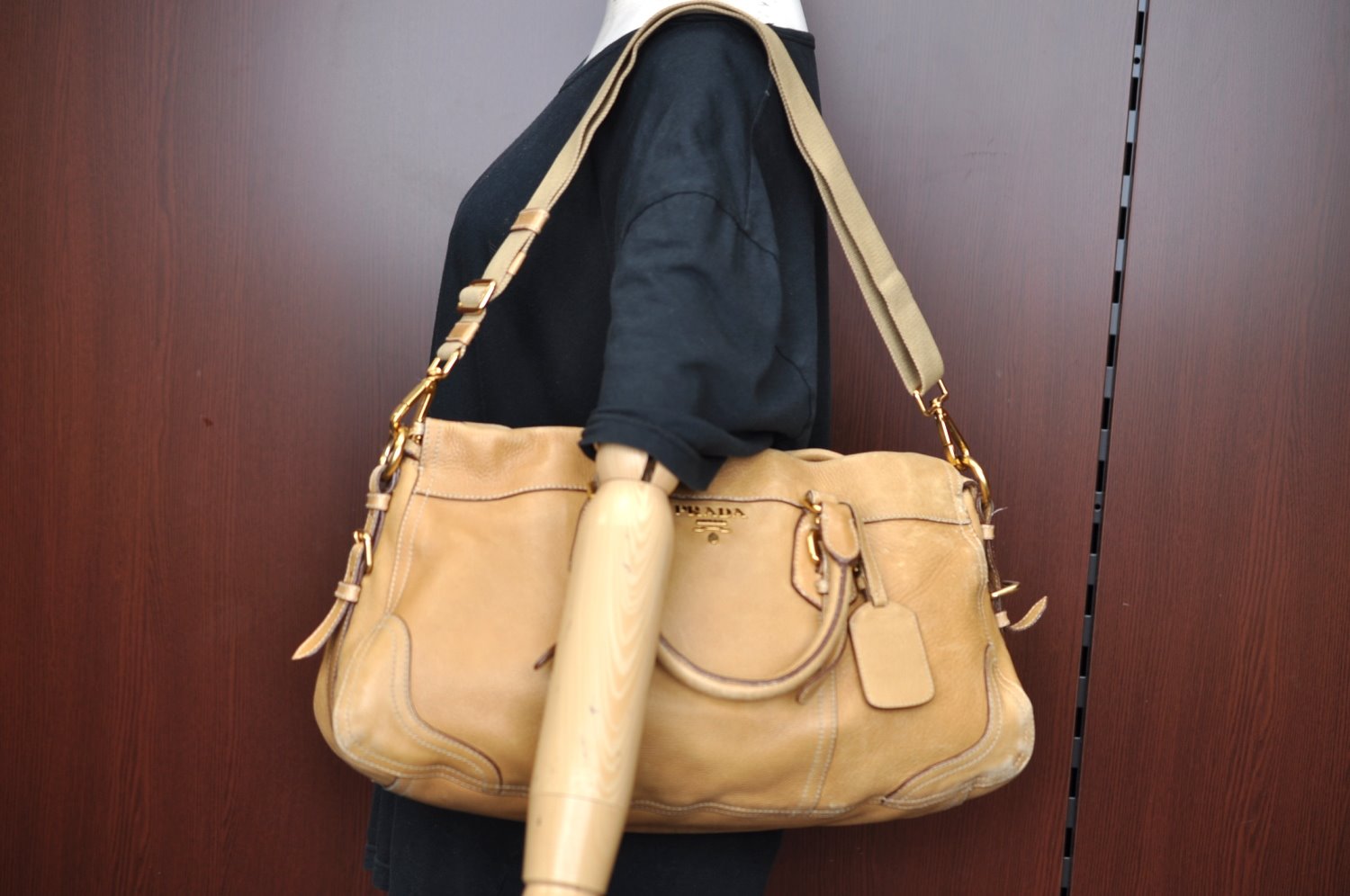 Authentic PRADA Vintage Leather 2Way Shoulder Hand Bag Beige K4106