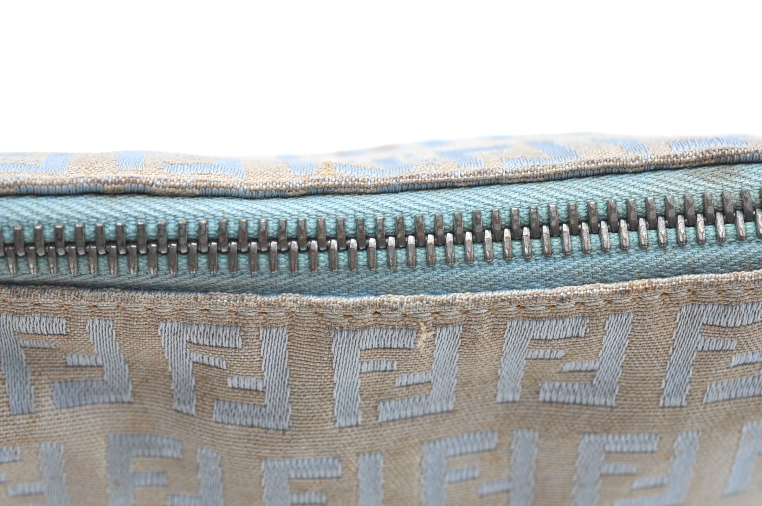 Authentic FENDI Zucchino Shoulder Cross Body Bag Canvas Leather Light Blue K4138