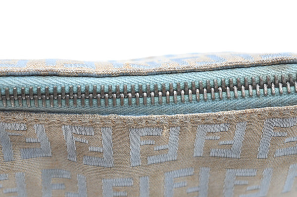 Authentic FENDI Zucchino Shoulder Cross Body Bag Canvas Leather Light Blue K4138