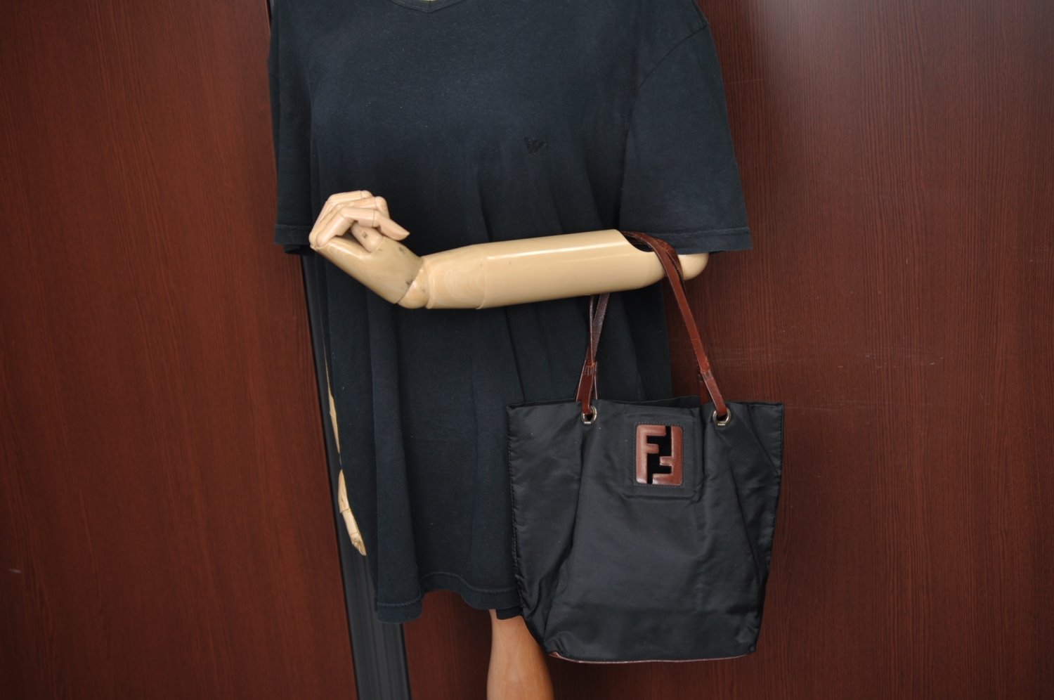Authentic FENDI Vintage Shoulder Hand Bag Purse Nylon Leather Black K4152