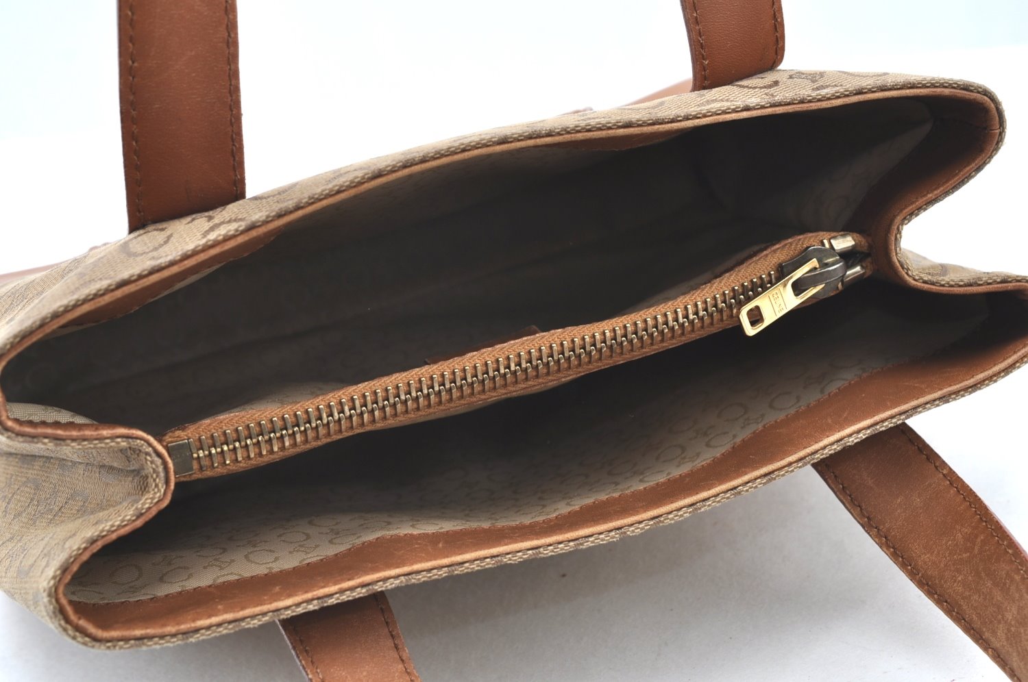 Authentic CELINE C Macadam Blason Pattern Hand Bag Canvas Leather Beige K4158