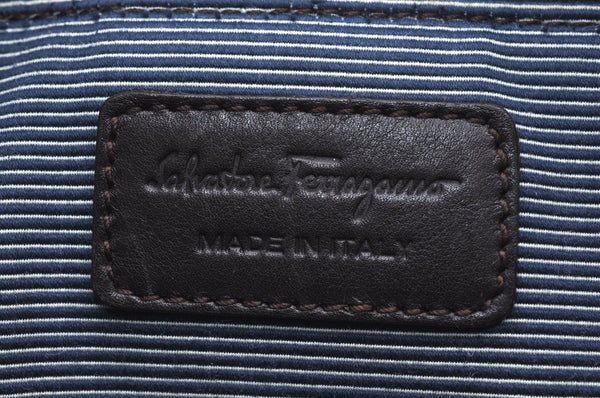 Authentic Salvatore Ferragamo Border Shoulder Tote Bag Canvas Leather Navy K4160
