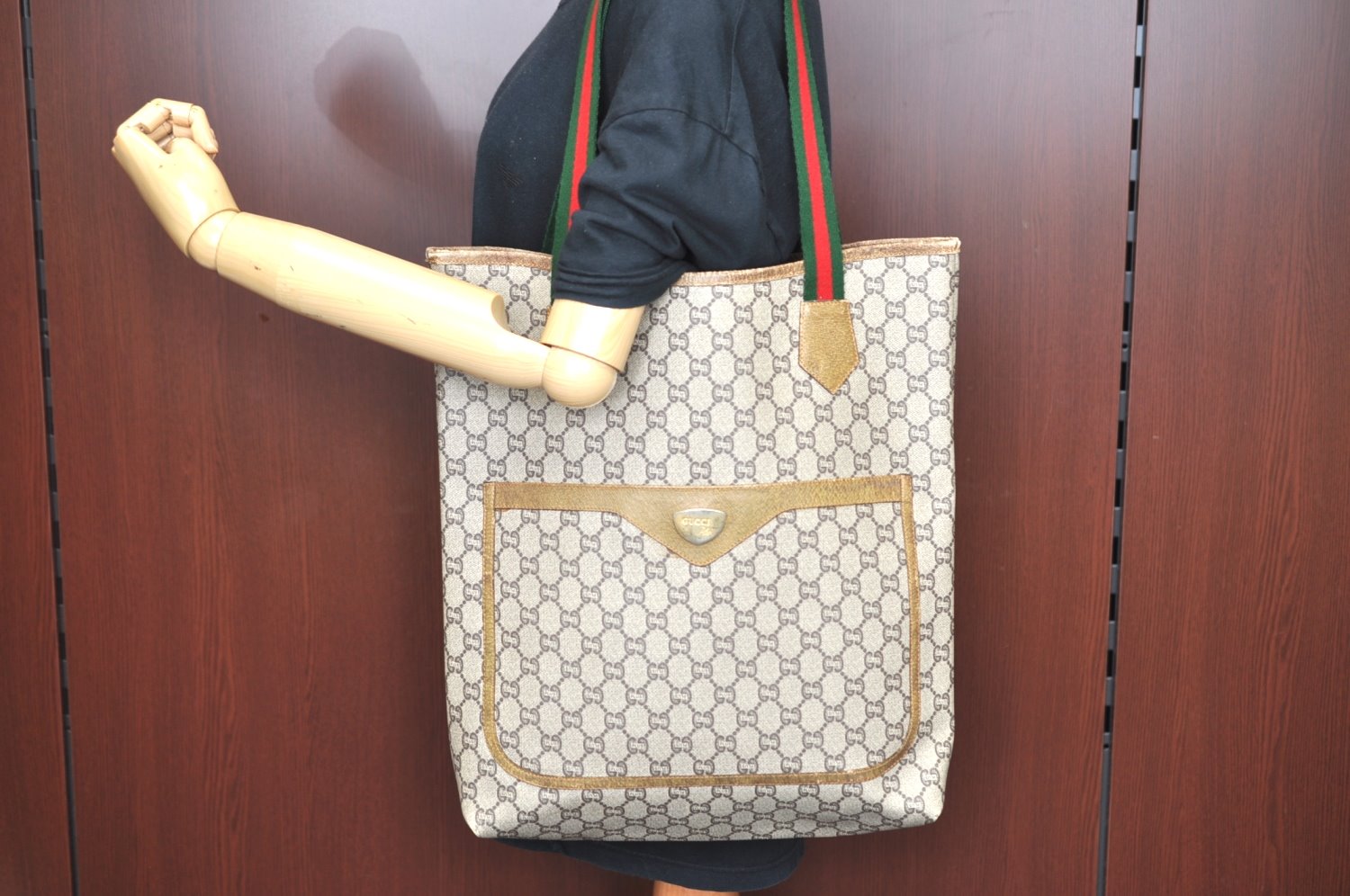Authentic GUCCI Web Sherry Line GG Plus Tote Bag PVC Leather Brown K4163