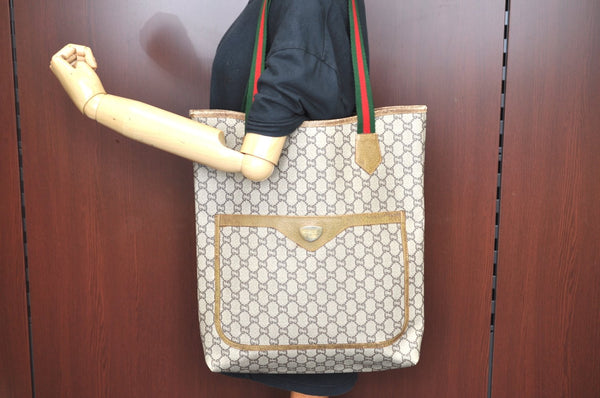 Authentic GUCCI Web Sherry Line GG Plus Tote Bag PVC Leather Brown K4163