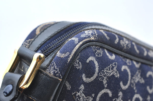 Authentic CELINE C Horse Carriage Shoulder Bag Canvas Leather Navy Blue K4180