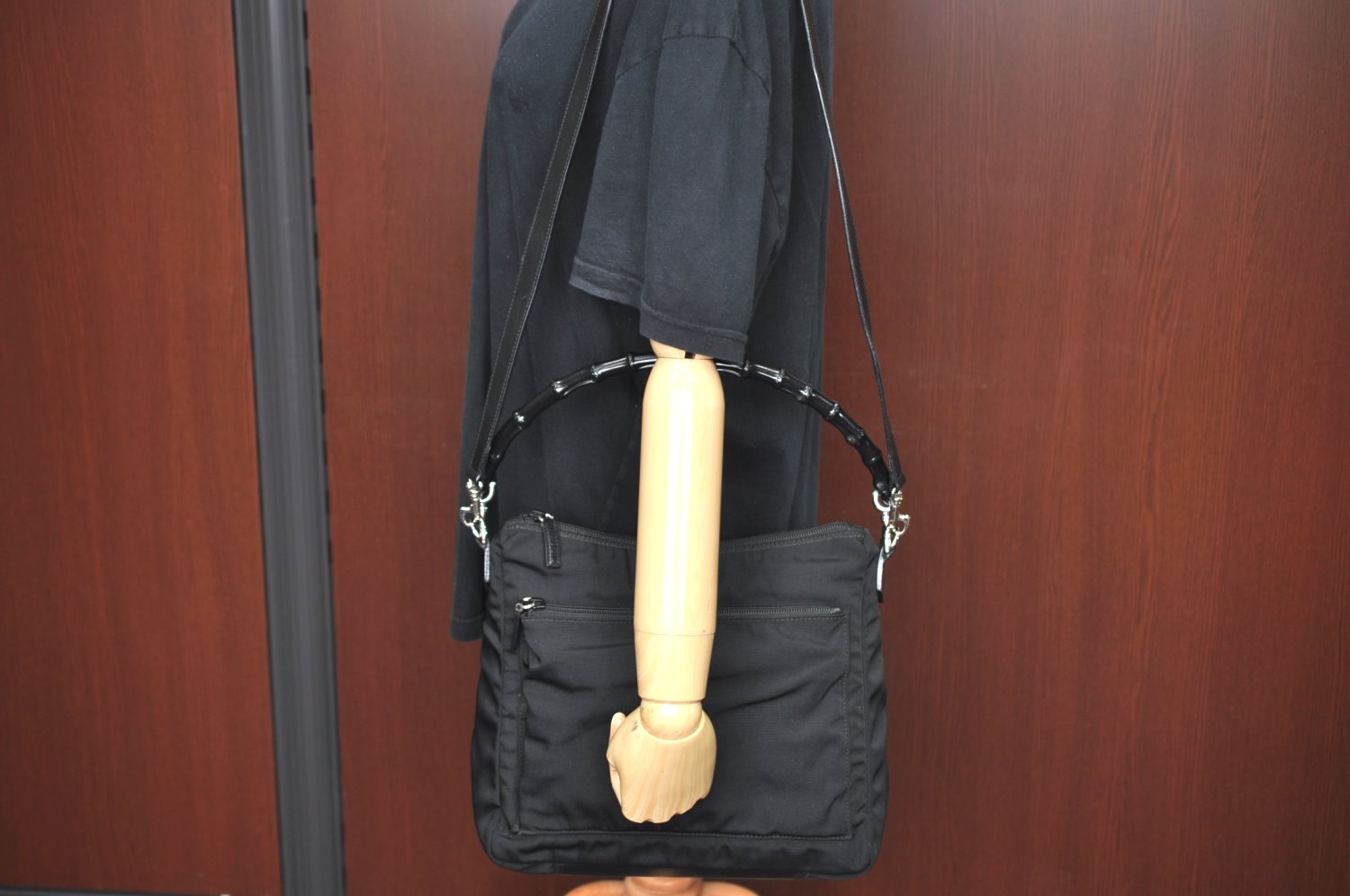 Authentic GUCCI Bamboo 2Way Shoulder Hand Bag Nylon Leather 0000509 Black K4185