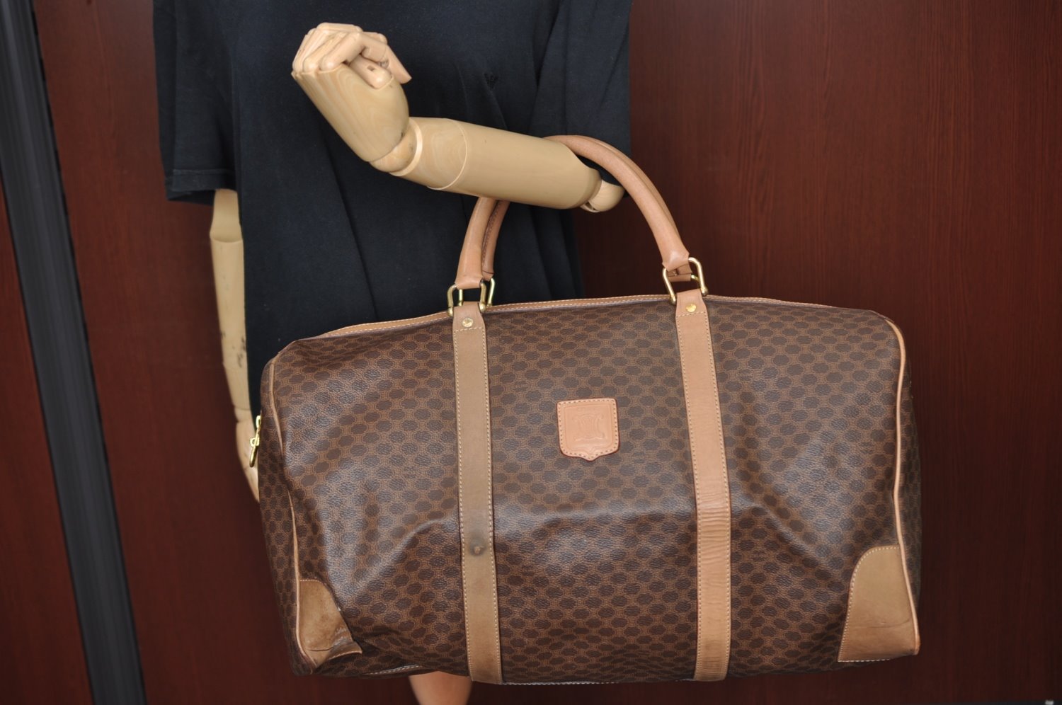 Authentic CELINE Macadam Blason Pattern Boston Bag PVC Leather Brown K4193