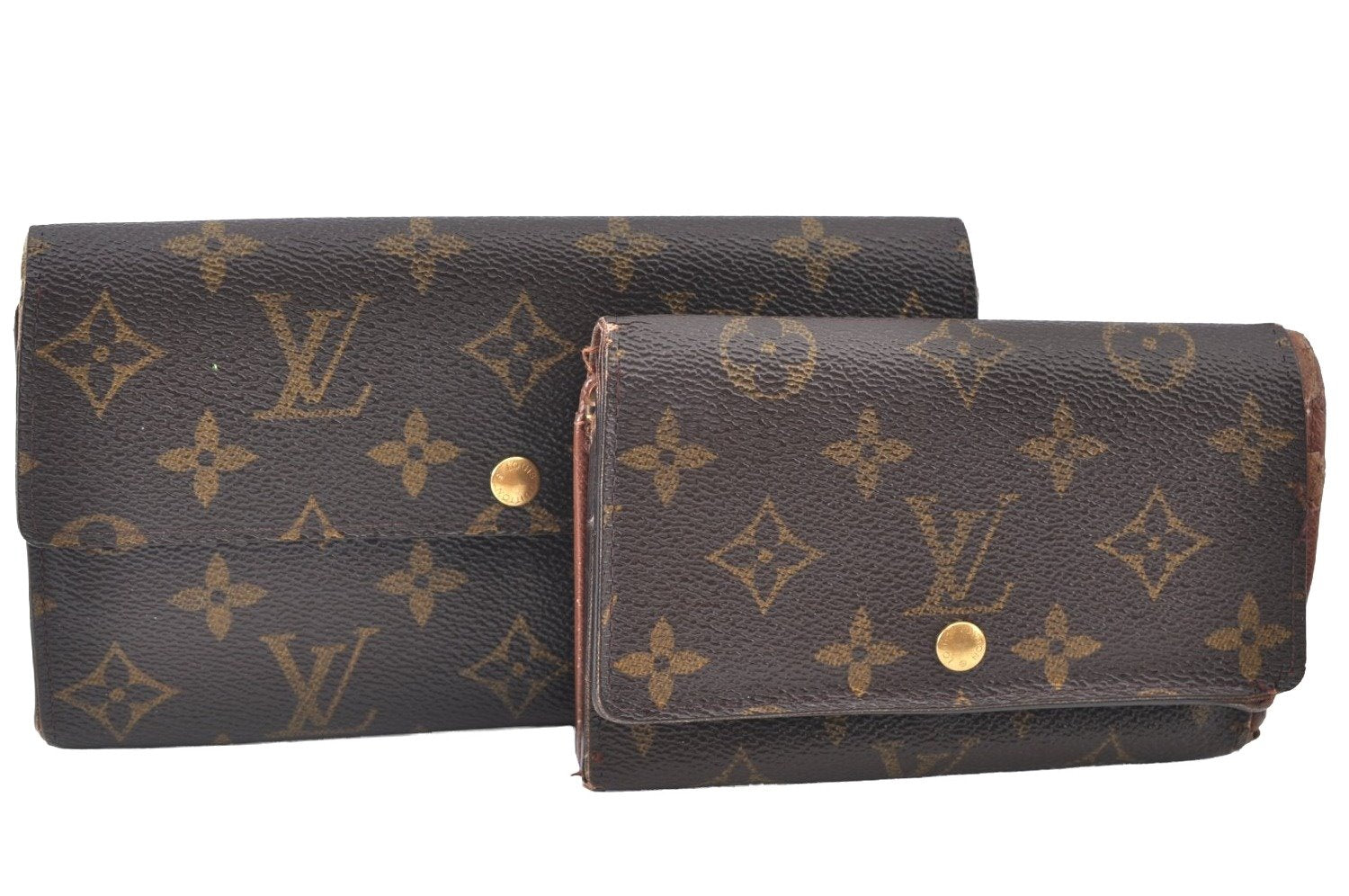 Authentic Louis Vuitton Monogram Bifold Long Wallet Purse Brown 2Set Junk K4194