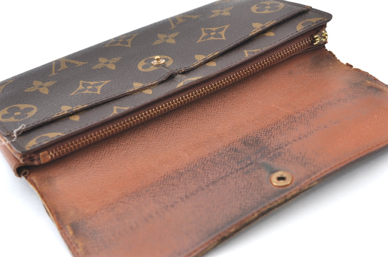 Authentic Louis Vuitton Monogram Bifold Long Wallet Purse Brown 2Set Junk K4194