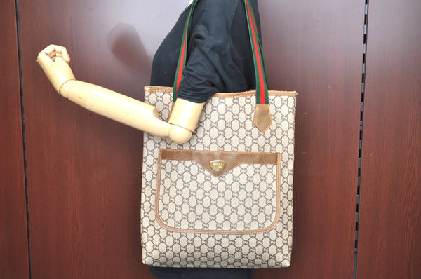Authentic GUCCI Web Sherry Line GG Plus Tote Bag PVC Leather Brown K4270