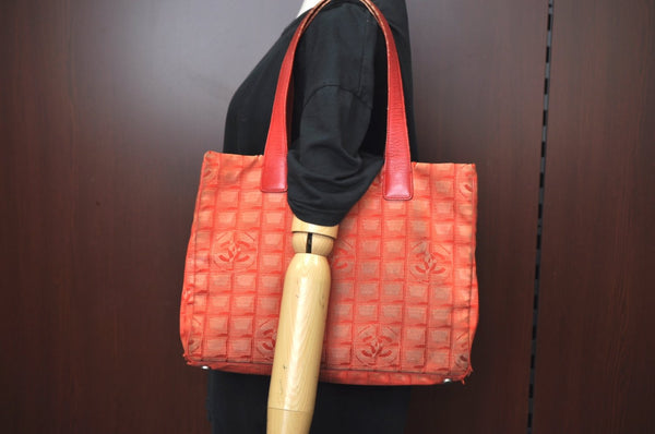 Authentic CHANEL New Travel Line Shoulder Tote Bag Nylon Leather Red K4315
