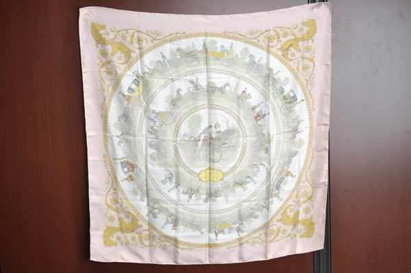 Authentic HERMES Carre 90 Scarf "LA PROMENADE DE LONGCHAMPS" Silk Pink K4342