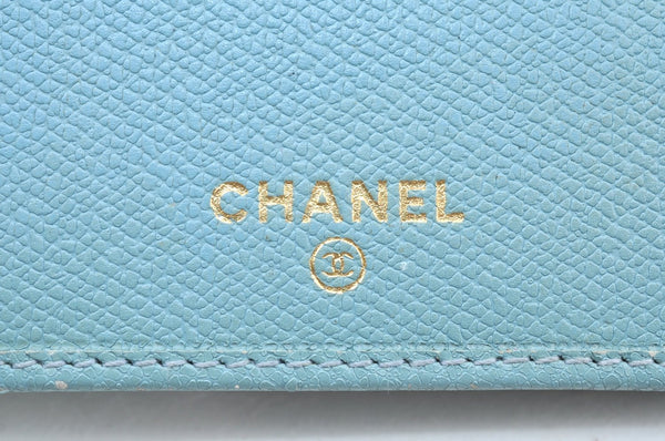 Authentic CHANEL Calf Skin CoCo Button Long Wallet Purse Light Blue K4474