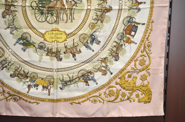 Authentic HERMES Carre 90 Scarf "LA PROMENADE DE LONGCHAMPS" Silk Pink K4502