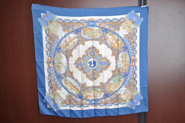 Authentic HERMES Carre 90 Scarf "L'ENTENTE CORDIALE" Silk Blue K4510