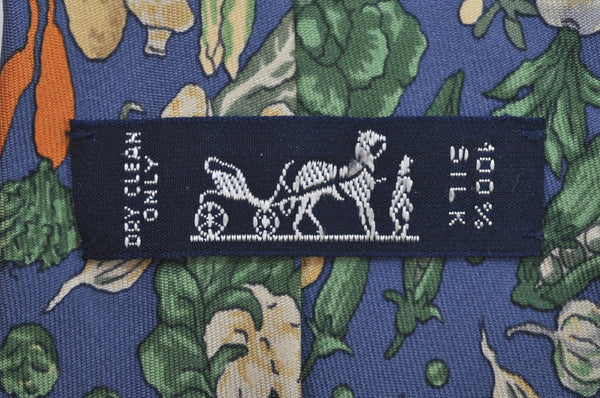 Authentic HERMES Tie Necktie Vegetable Pattern Silk 7460HA Blue K4513