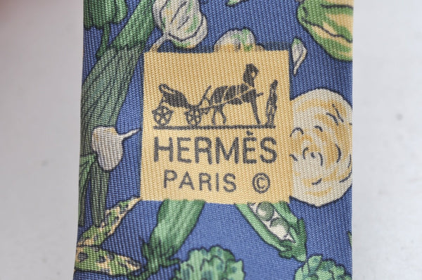 Authentic HERMES Tie Necktie Vegetable Pattern Silk 7460HA Blue K4513