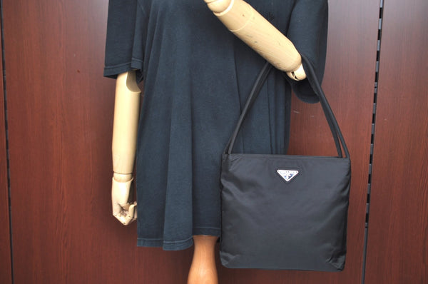 Authentic PRADA Nylon Tessuto Leather Shoulder Hand Bag Purse Black K4549