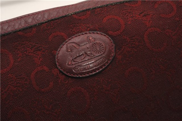 Authentic CELINE C Horse Carriage Clutch Hand Bag Canvas Leather Bordeaux K4569
