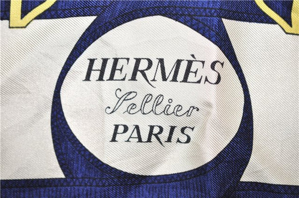 Authentic HERMES Carre 90 Scarf "Eperon d'or" Silk Blue K4584