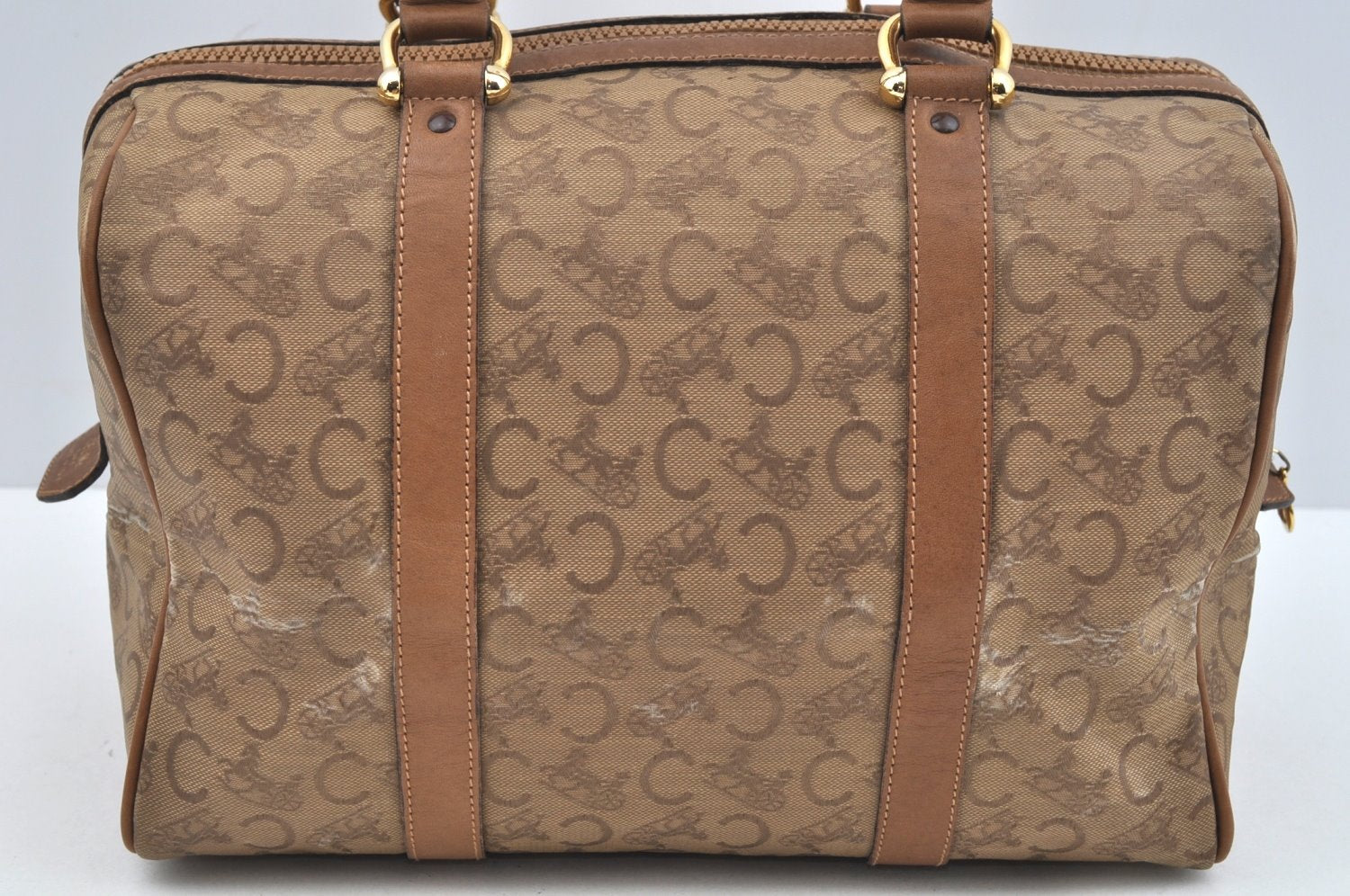Authentic CELINE C Horse Carriage Hand Boston Bag PVC Leather Beige K4603