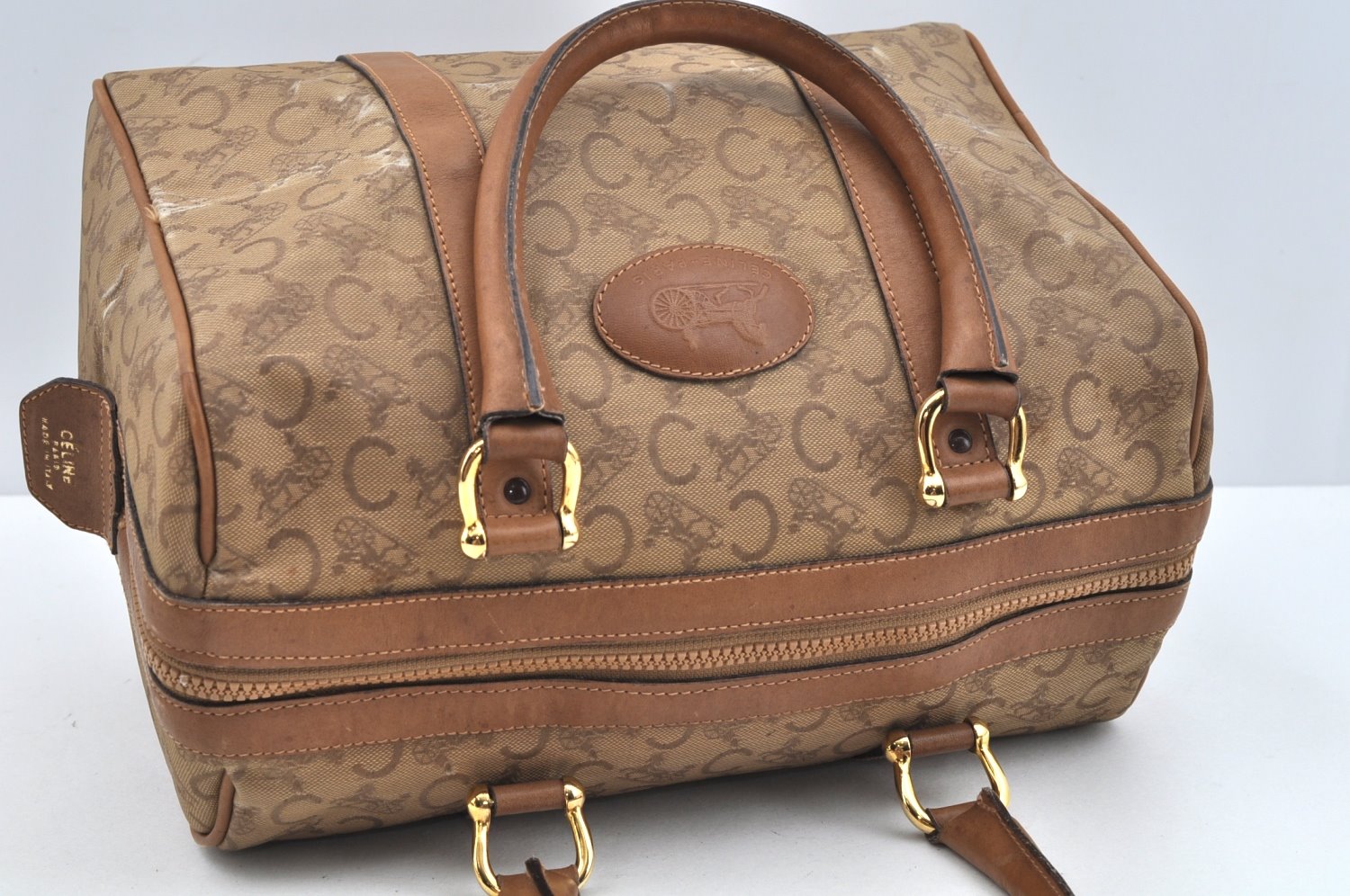 Authentic CELINE C Horse Carriage Hand Boston Bag PVC Leather Beige K4603