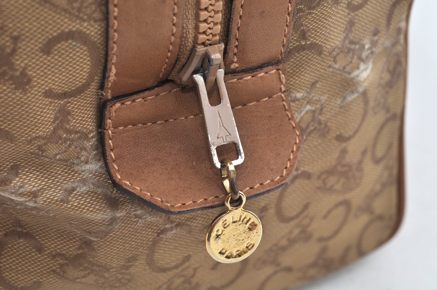 Authentic CELINE C Horse Carriage Hand Boston Bag PVC Leather Beige K4603