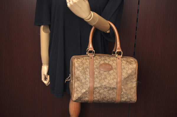 Authentic CELINE C Horse Carriage Hand Boston Bag PVC Leather Beige K4603
