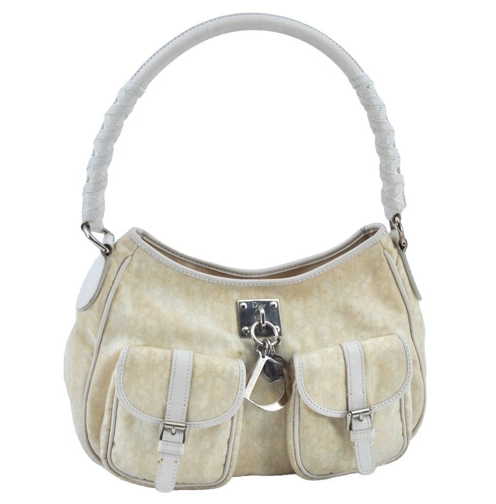 Authentic Christian Dior Trotter Shoulder Hand Bag Nylon Leather White K4651