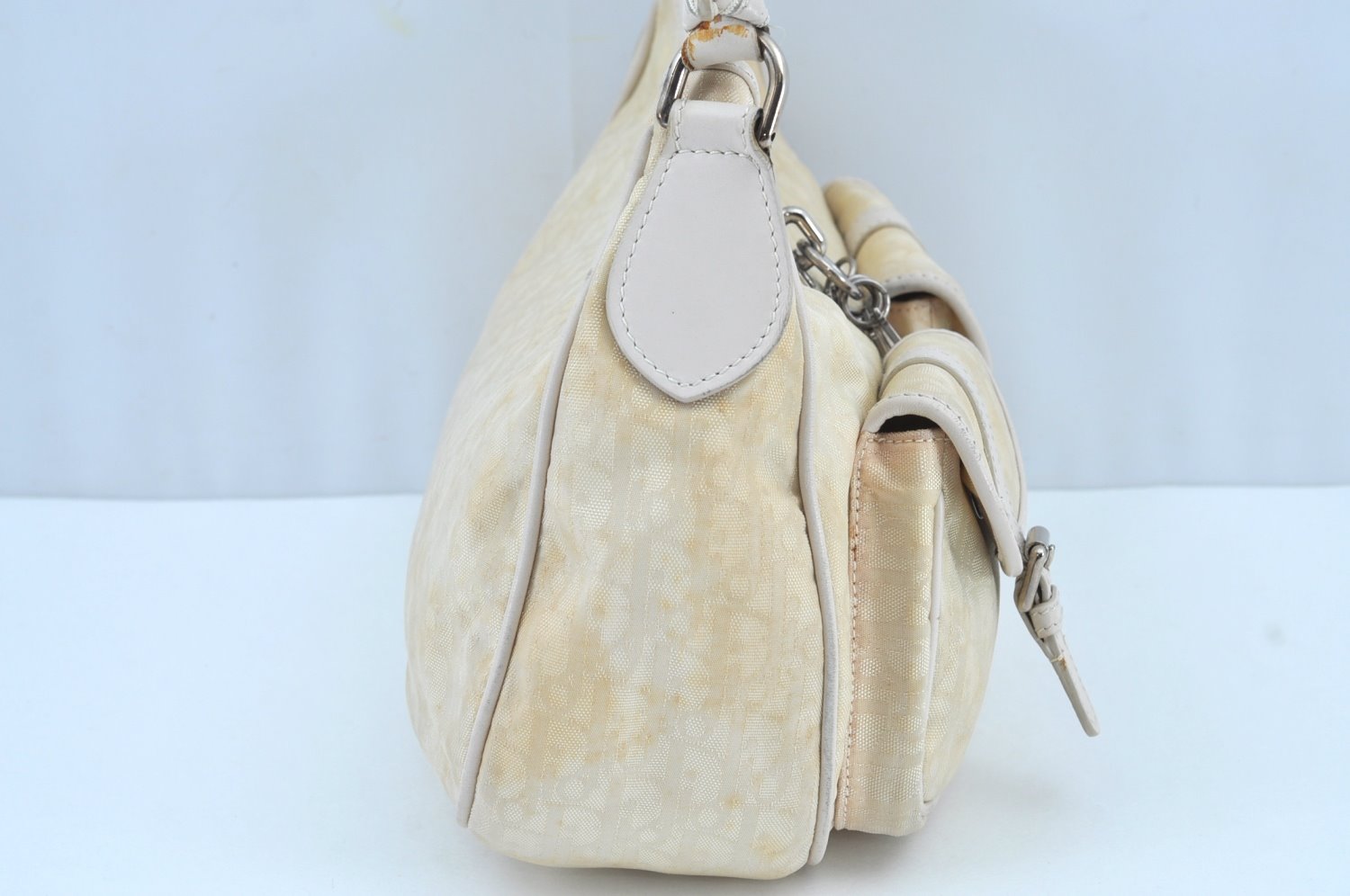 Authentic Christian Dior Trotter Shoulder Hand Bag Nylon Leather White K4651