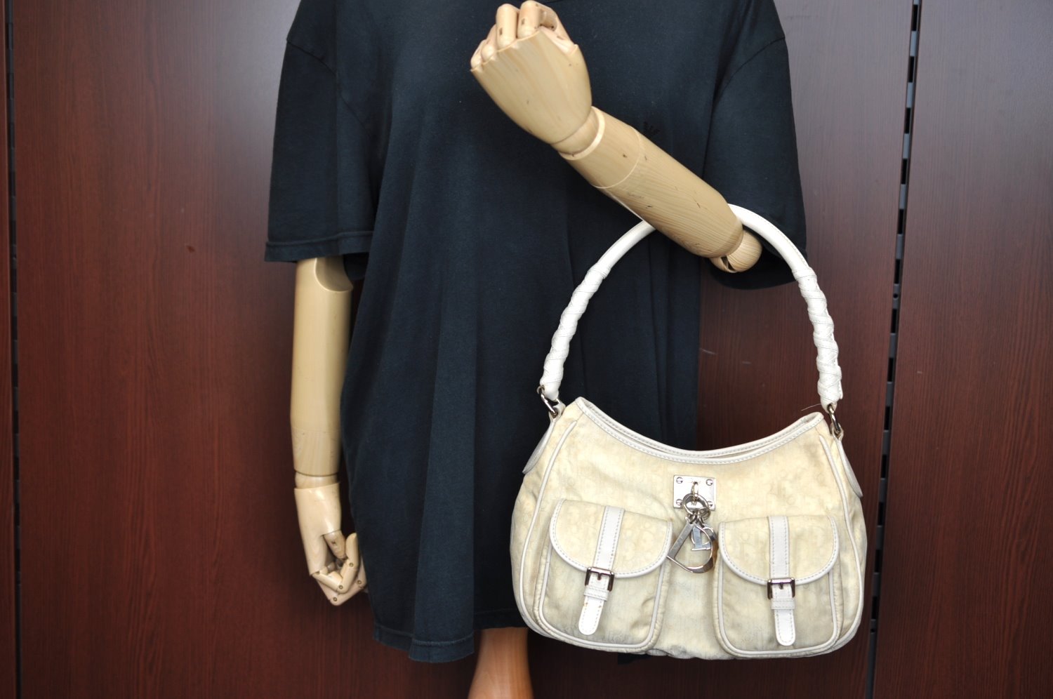 Authentic Christian Dior Trotter Shoulder Hand Bag Nylon Leather White K4651