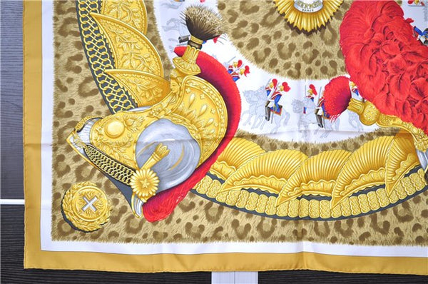 Authentic HERMES Carre 90 Scarf "CASQUES et PLUMETS" Silk Yellow K4686