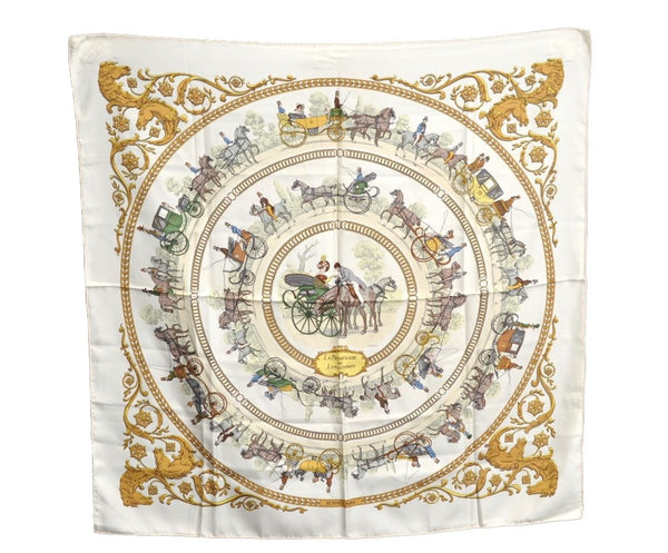 Authentic HERMES Carre 90 Scarf "LA PROMENADE DE LONGCHAMPS" Silk White K4711