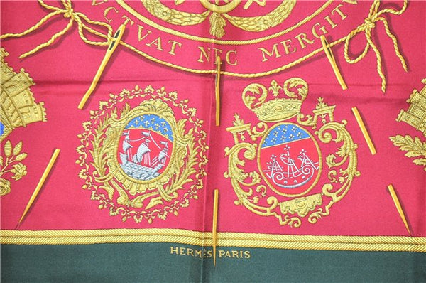 Authentic HERMES Carre 90 Scarf "LES ARMES DE PARIS" Silk Yellow Green K4874